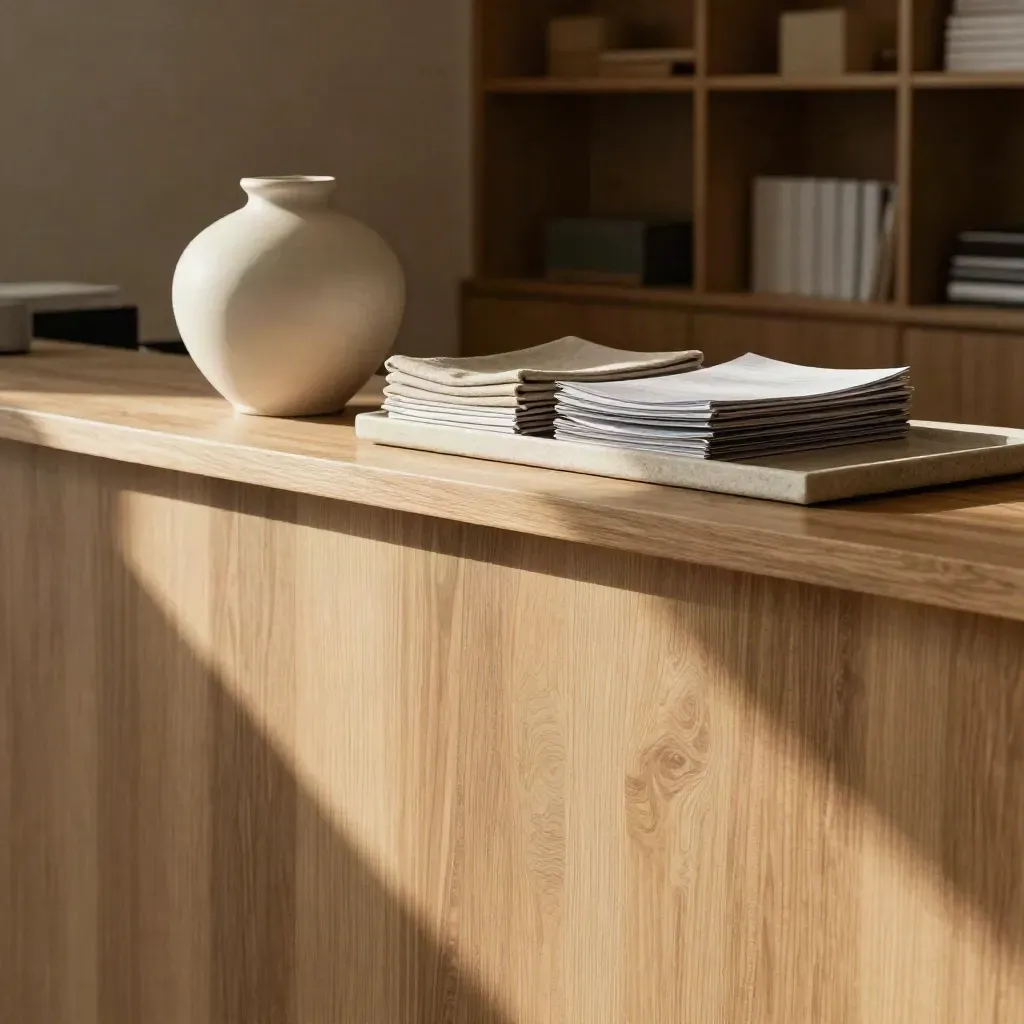 Sunlit oak reception ledge with ceramic vessel, linen, and soft shelves above calm copy space.