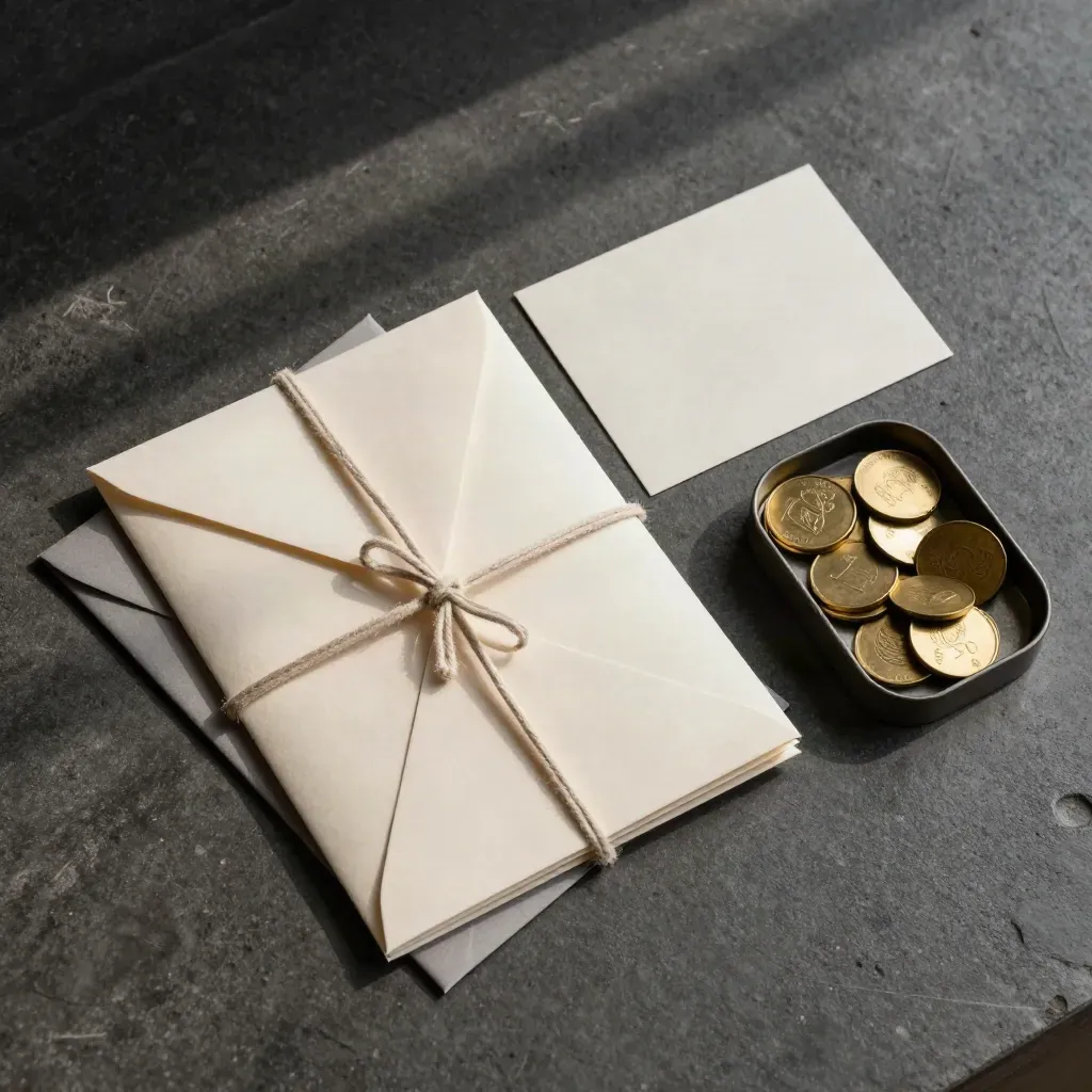 Overhead flatlay of folders, envelopes, and brass tokens on charcoal concrete.