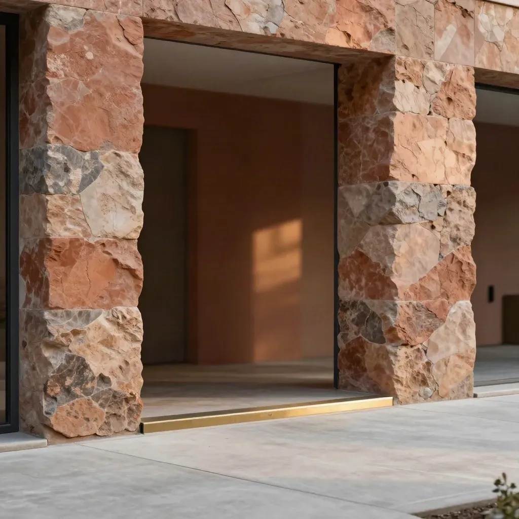 Sunlit modern courtyard arcade with stacked stone, pale floor, and blurred doorway for copy