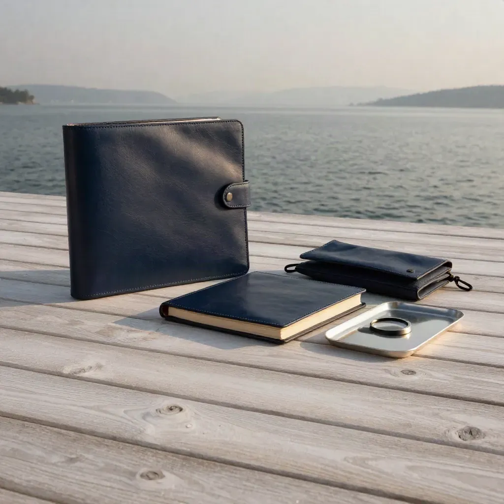 Harbor terrace with finance folders and a navy portfolio in warm evening light.