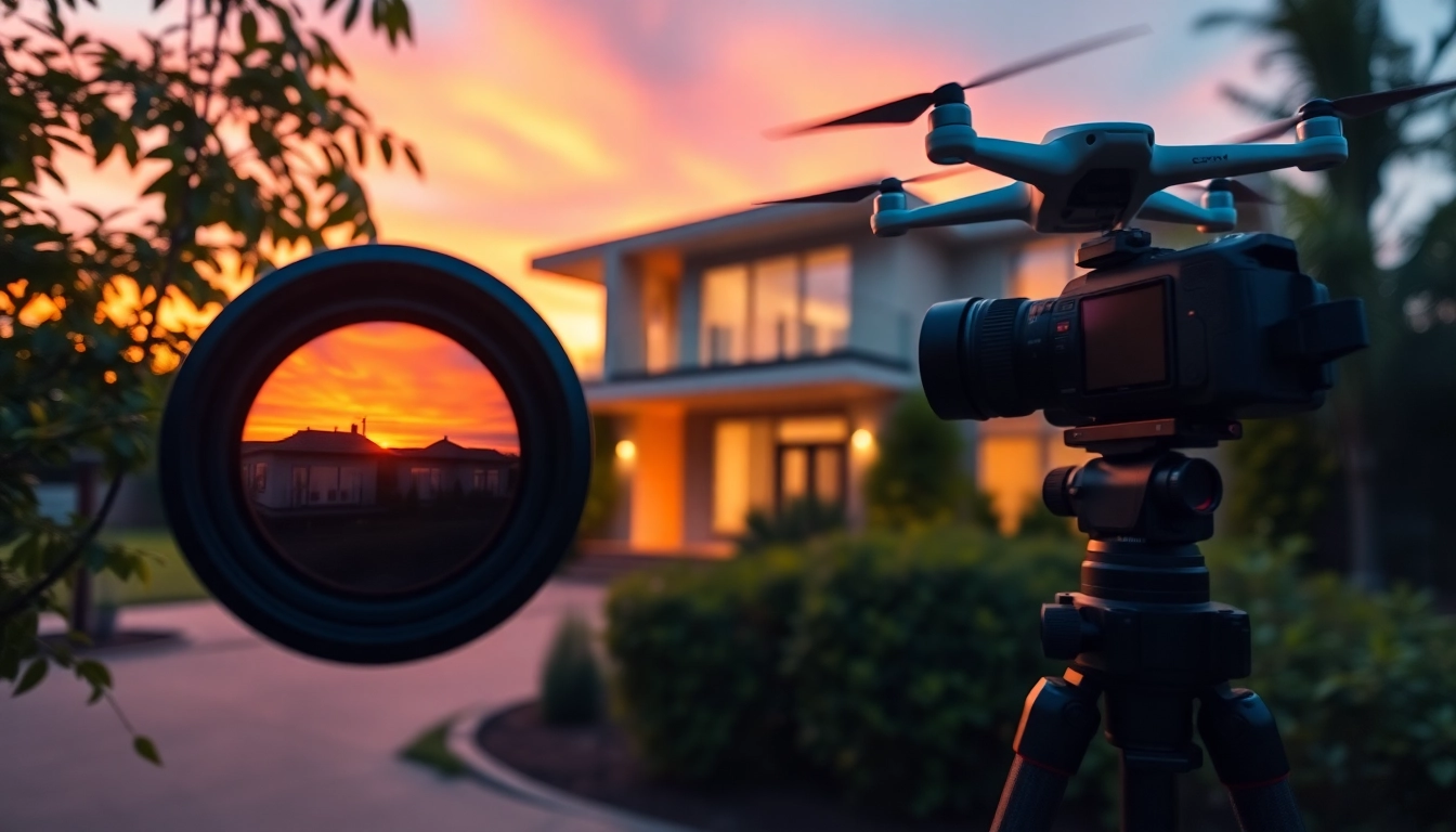 Real Estate Photographer capturing a beautiful house at dawn with warm glow.