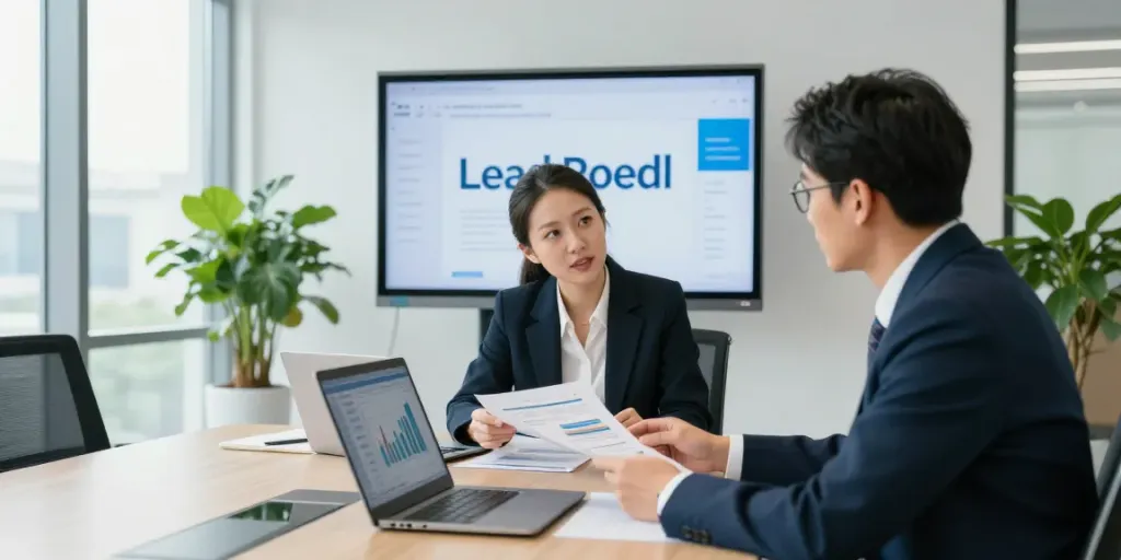 Lead Roedl team collaborating in a modern office setting, focused on strategic discussions and analytics.