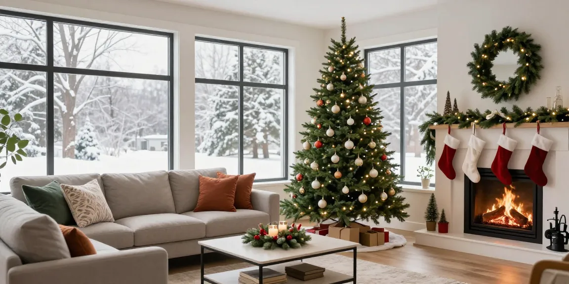 Tall skinny Christmas tree beautifully decorated in a cozy modern living room for the holidays.