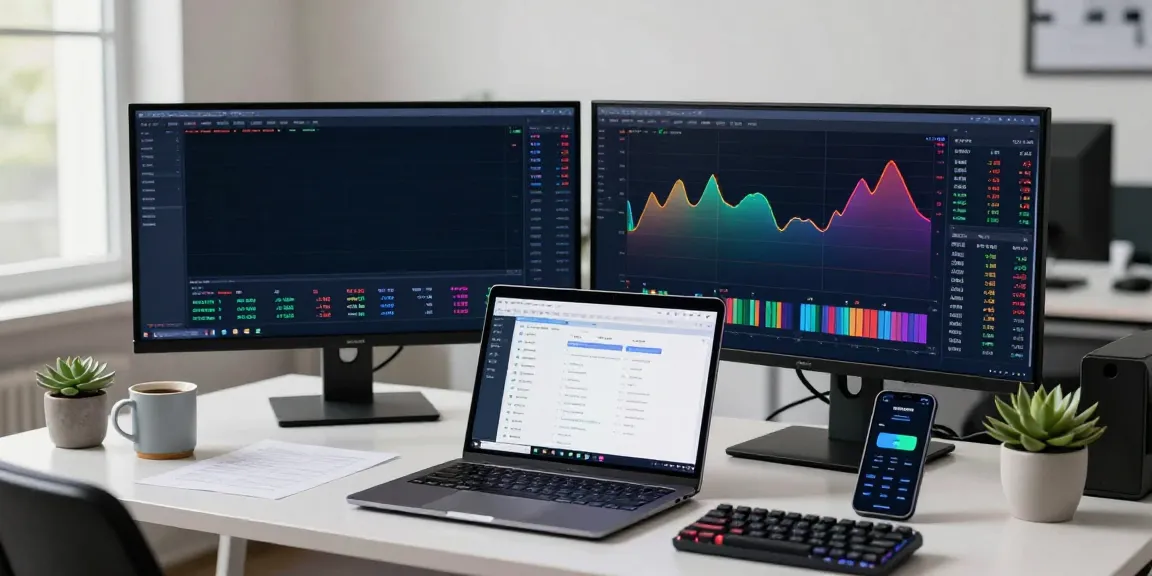 Real-time stock data API setup for cryptocurrency trading with advanced visual displays and organized workspace
