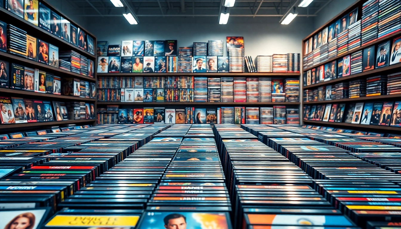 Showcase of bulk dvds arranged in an inviting retail space, highlighting diverse movie genres.