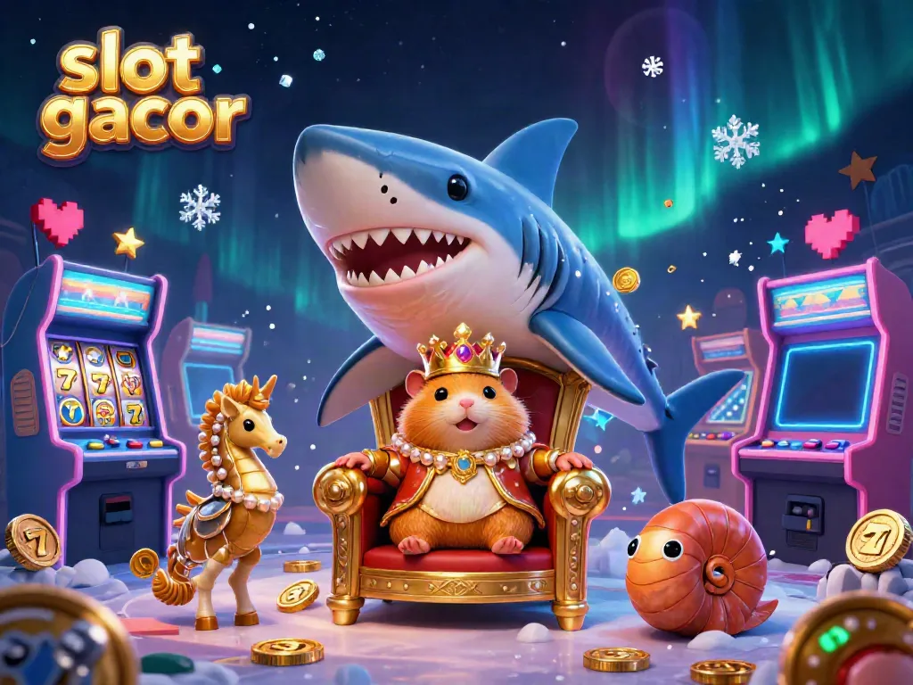 Gambar slot gacor yang menampilkan raja hamster emas di atas kursi gigi hiu, dikelilingi elemen permainan.