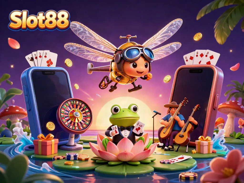 Engage in thrilling Slot88 action with vibrant games surrounding a whimsical casino scene.