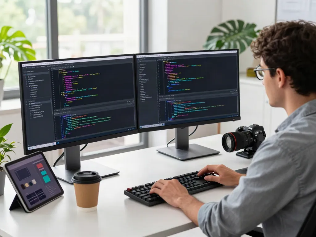 Dynamic tech workspace showcasing v2rayN官网 development with coding screens and a modern office setup.