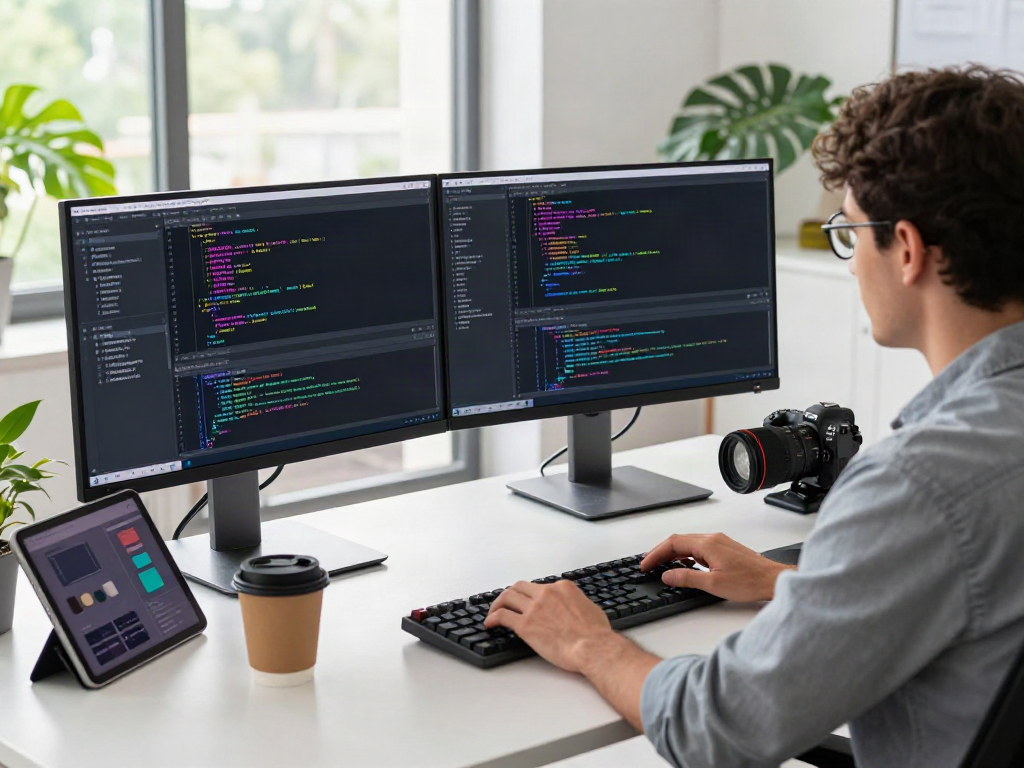 Dynamic tech workspace showcasing v2rayN官网 development with coding screens and a modern office setup.