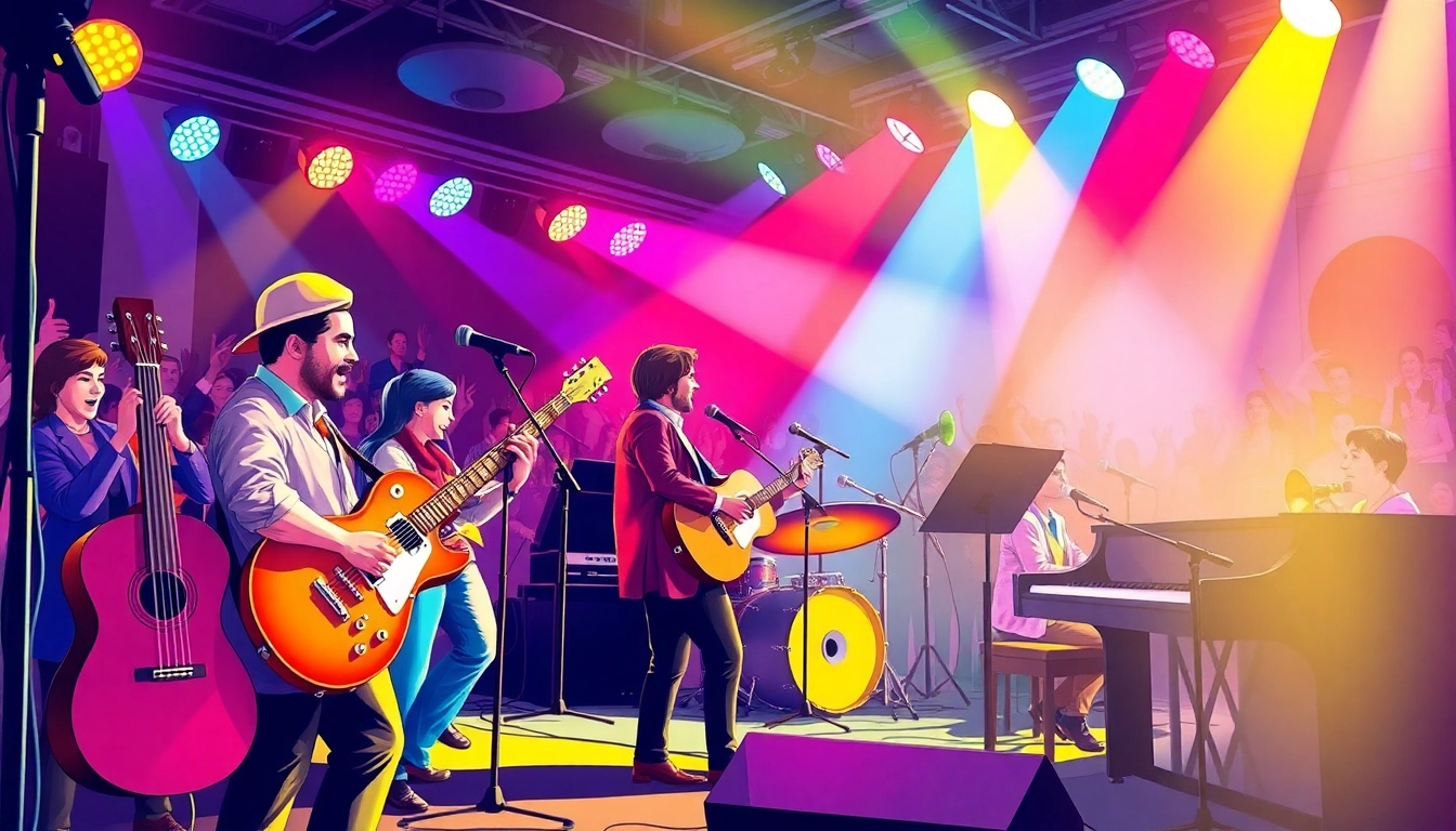 Ascultă muzica veselă pe un fundal vibrant al instrumentelor și al audienței entuziaste.