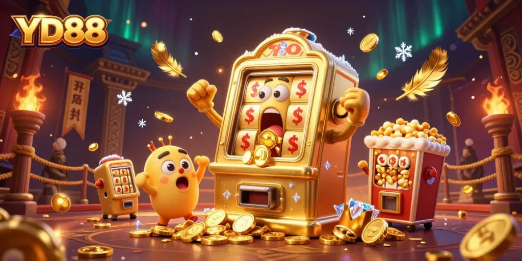 Experience exciting wins with YD88's vibrant casino scene featuring joyful slot machines and coin showers.