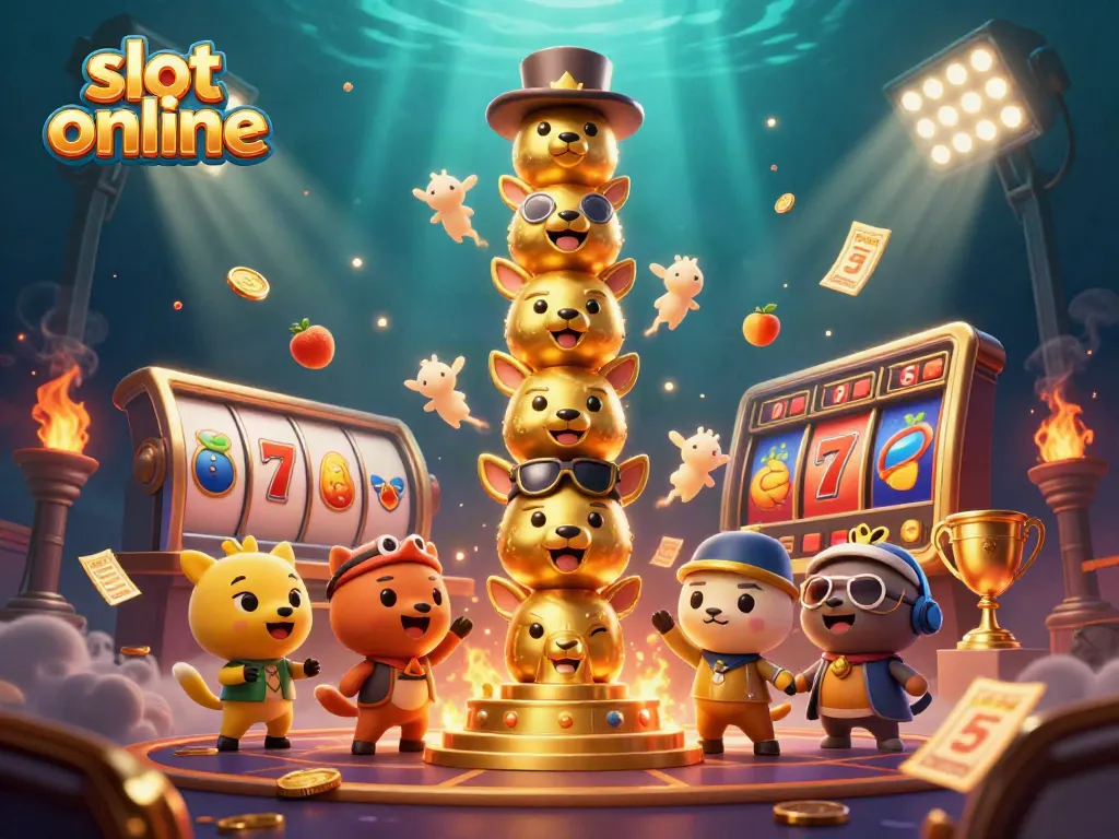 Win big with exciting slot online games featuring dynamic casino elements in a vibrant illustration.