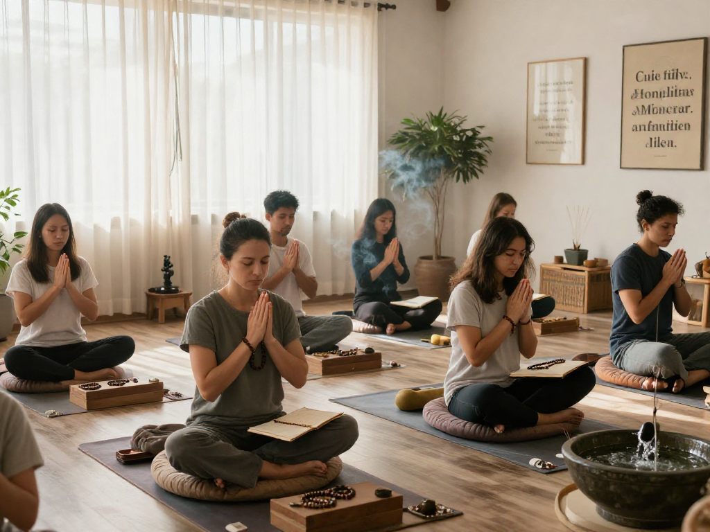 Group practicing mantra 88 meditation in a serene studio setting.