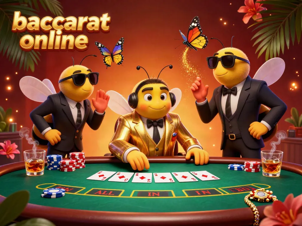 Experience baccarat online with a 3D cartoon mob boss and vibrant game elements in a lavish setting.
