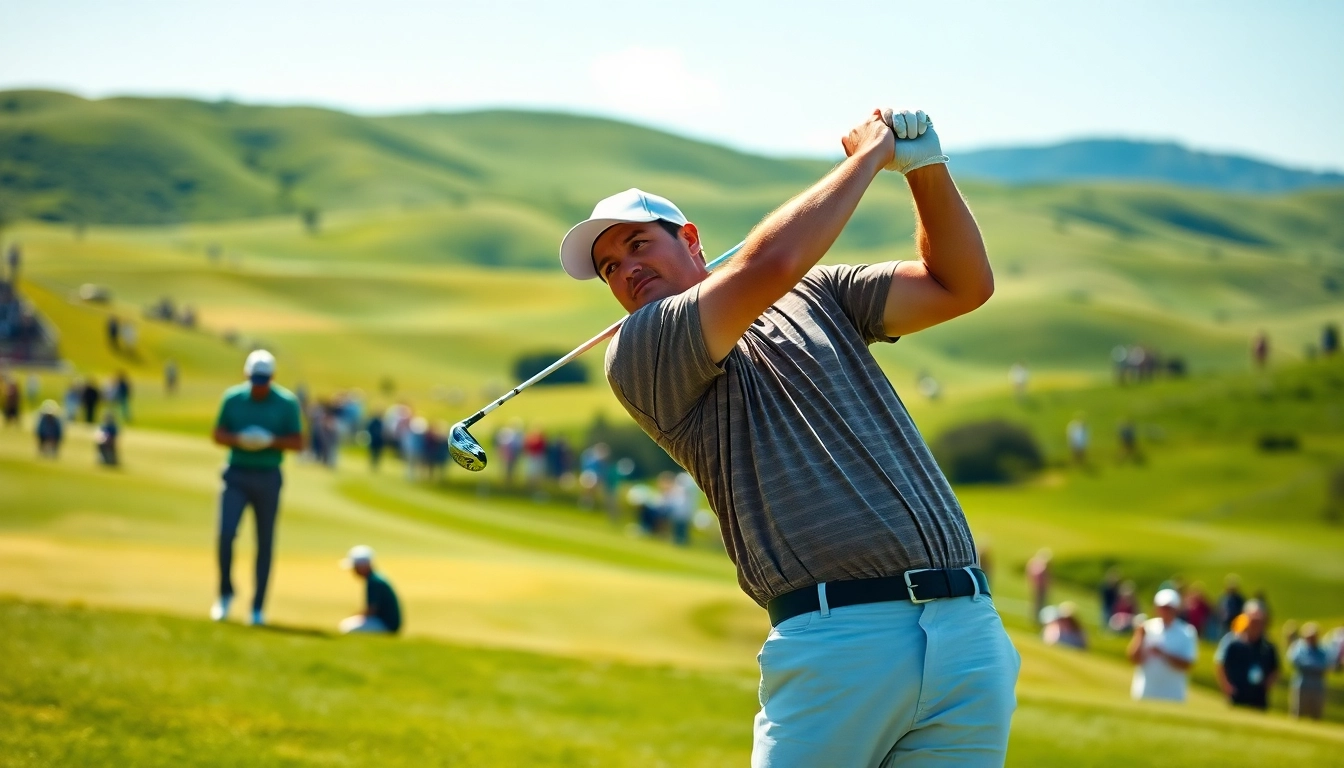 Golf player mid-swing on a vibrant green course showcasing skill and precision.