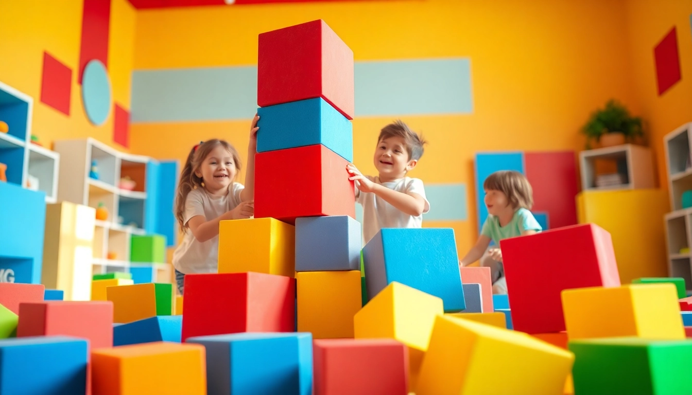 Find out more about kids building imaginative structures with giant foam blocks in a vibrant playroom.