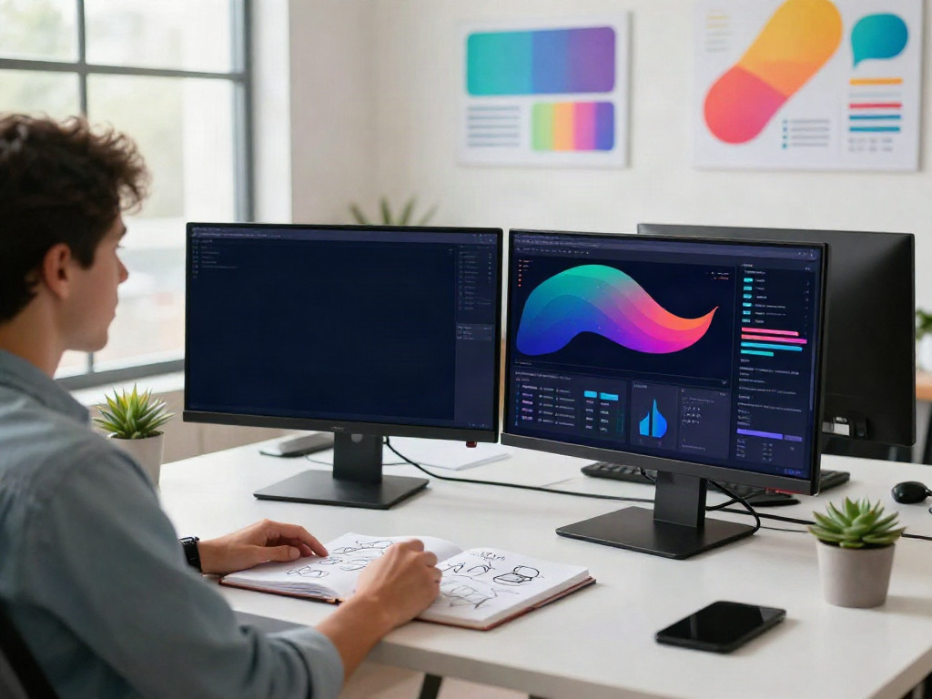 Digital marketing workspace showcasing analytics and strategy, click here for more ideas.