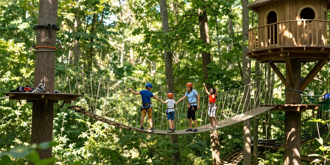 Rope Bridge design showcasing a family crossing a vibrant forest rope bridge.