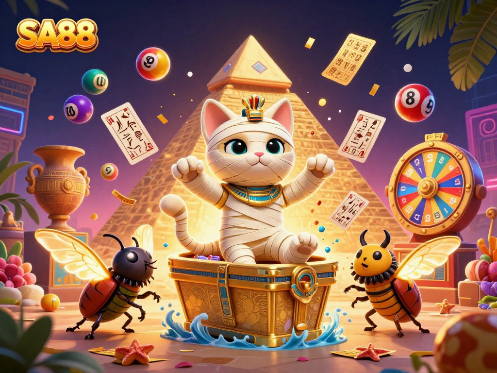 Experience thrilling moments at SA88 with a lively scene featuring a mummy cat and vibrant game elements.