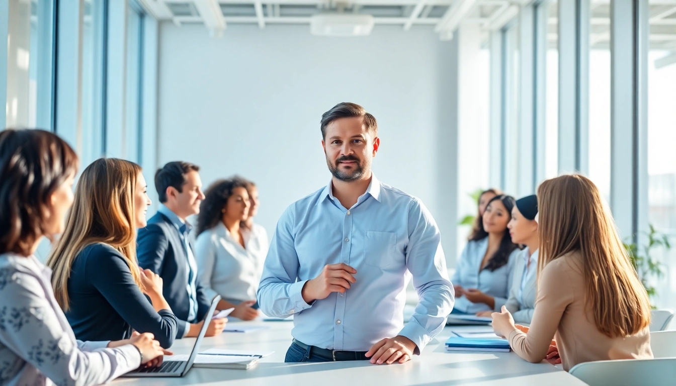 Dynamic marketing director leading a team in a bright office environment.