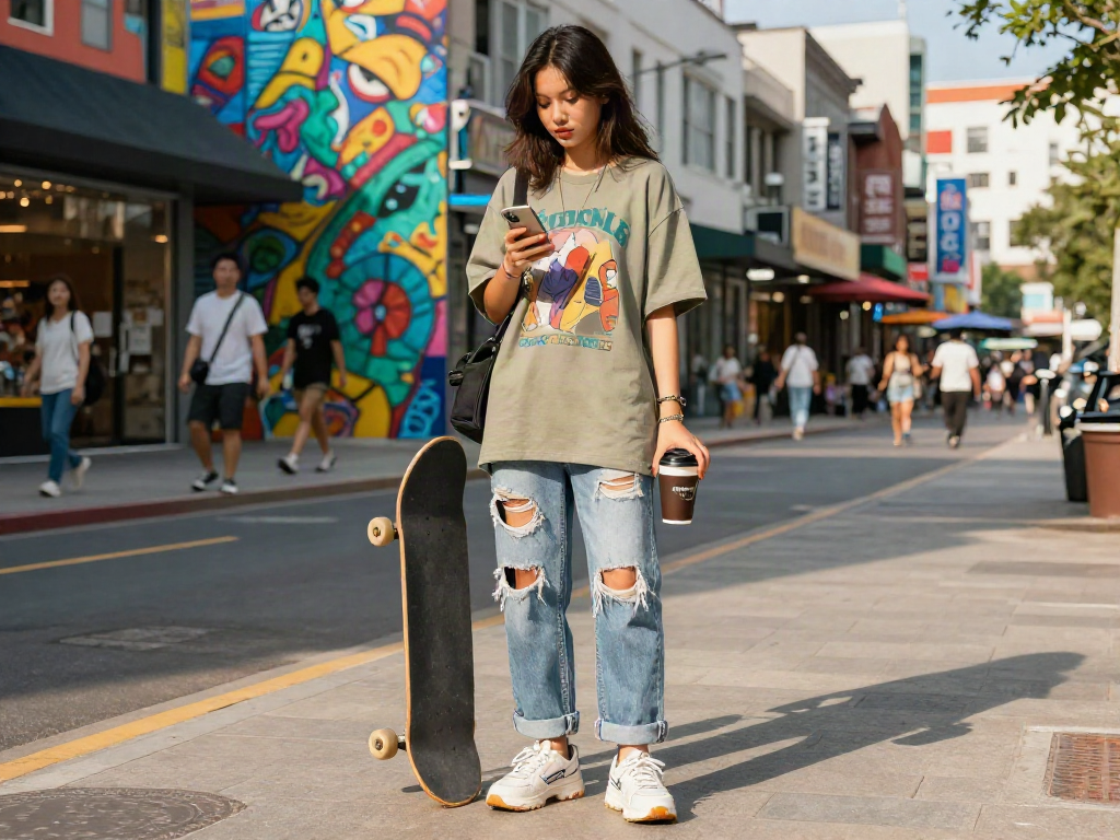 LUXURY111 wanita muda bergaya di kota, mengenakan streetwear modis, memeriksa smartphone dengan latar mural berwarna.