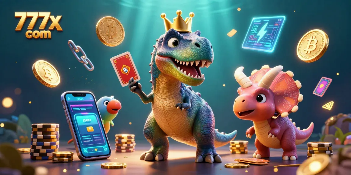 Win big with 777x com as a playful T-Rex and friends shuffle cards and stack chips in this vibrant casino scene.