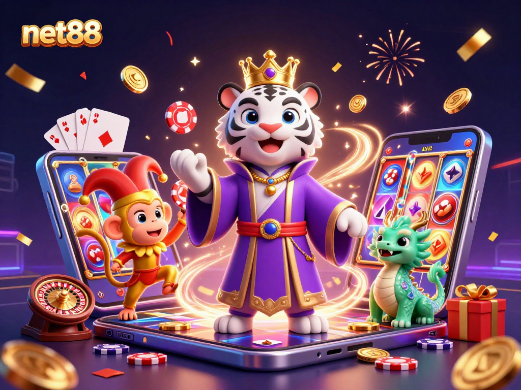 Experience the thrilling ambiance of net88 with a festive casino scene featuring vibrant characters.