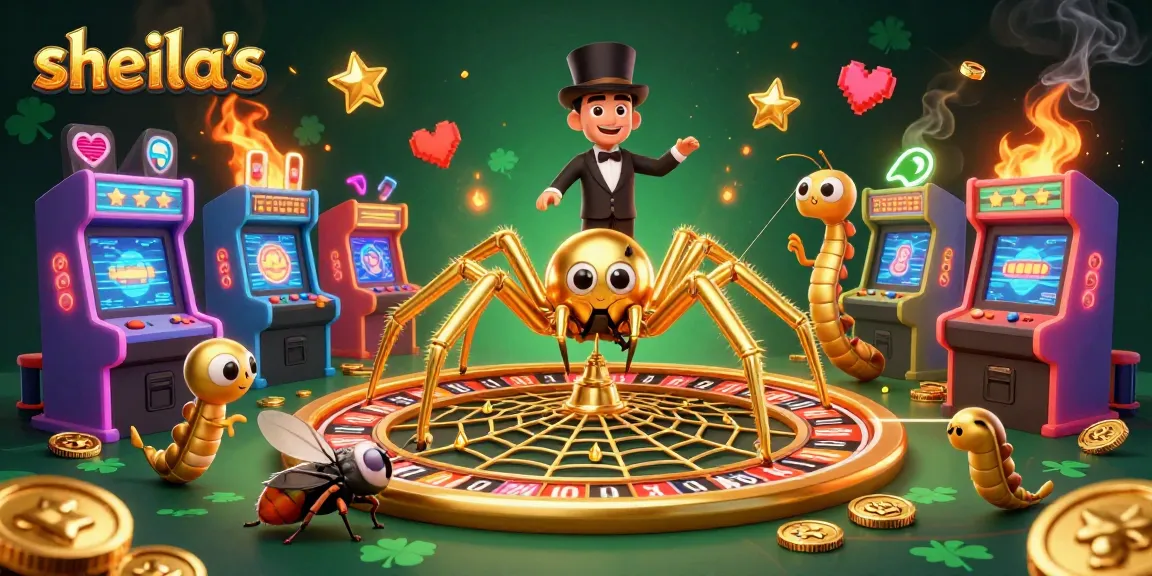Engage in thrilling bets at sheila's illustrated casino scene with a golden roulette web.