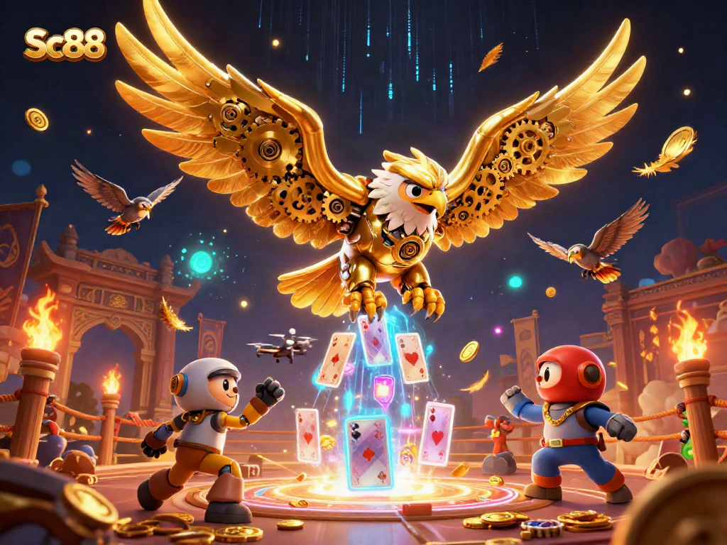 Experience Sc88 as a mechanical eagle dives through playing cards in a vibrant casino atmosphere.