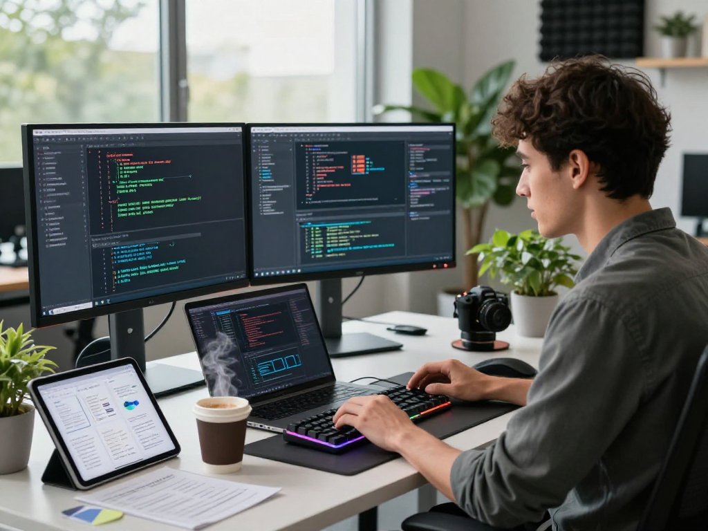 Software engineer at innovative desk, showcasing coding on net88.se.net in a modern tech environment.