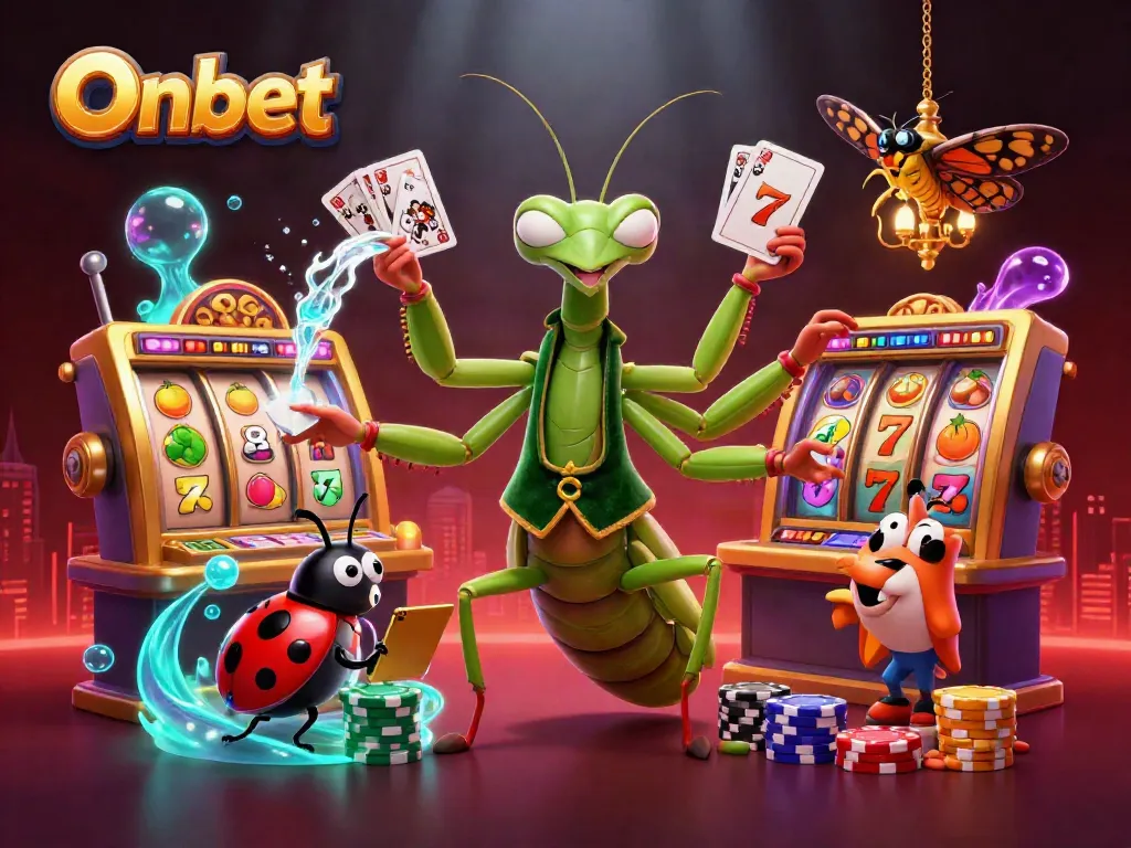 Engage in gaming excitement at Onbet with vibrant slot reels and lively casino characters.