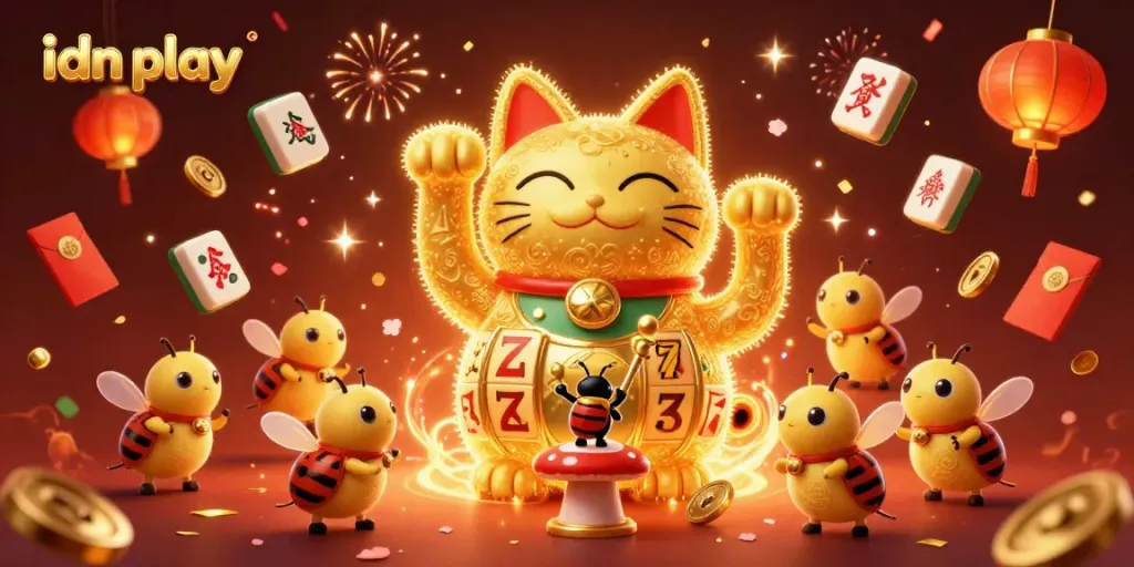 Engage with idn play's vibrant casino universe featuring a giant lucky cat and festive elements.