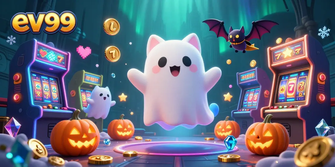 Play thrilling slots with ev99's vibrant casino scene featuring ghostly characters and arcade games.