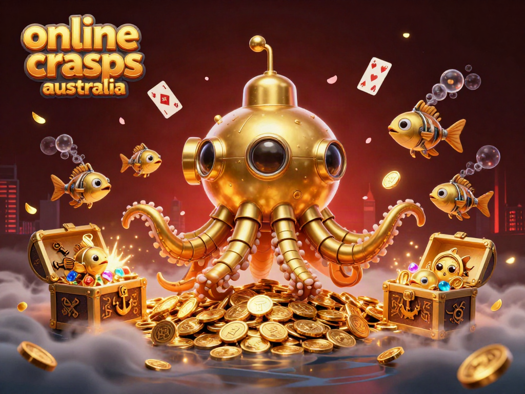 Experience the excitement of online craps Australia with a vibrant underwater-themed illustration featuring a golden kraken submarine amidst gold coins and playing cards.