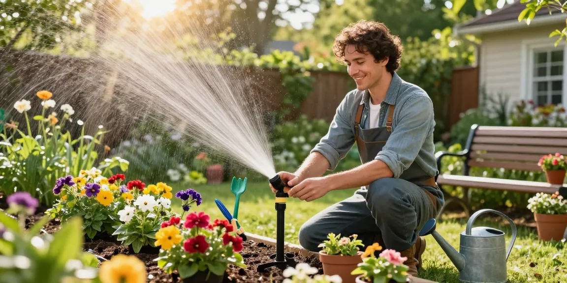 Adjusting the rainpoint sprinkler timer in a flourishing garden, with colorful plants and tools surrounding for effective watering.
