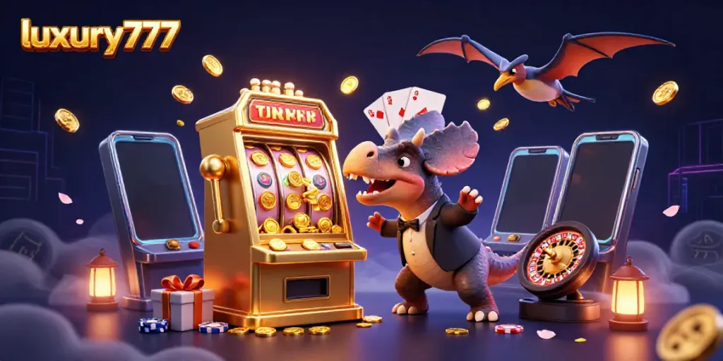 Luxury777 jackpot scene with animated dinosaurs and casino elements, featuring slot machines and golden coins.