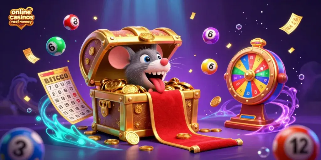 Engage in fun with online casinos real money featuring vibrant lottery balls, golden prizes, and adventurous characters.