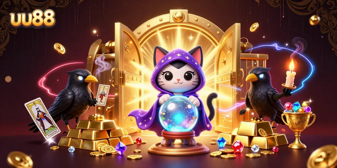 Experience the magic of uu88 with a fortune teller cat and tarot raven in a vibrant casino scene.