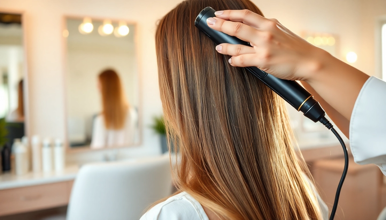 Stylist performing hair straightening for a perfect sleek finish.
