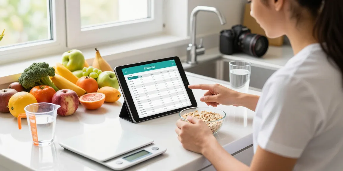 Nutritionist using the best food tracking app in a bright kitchen with fresh ingredients.
