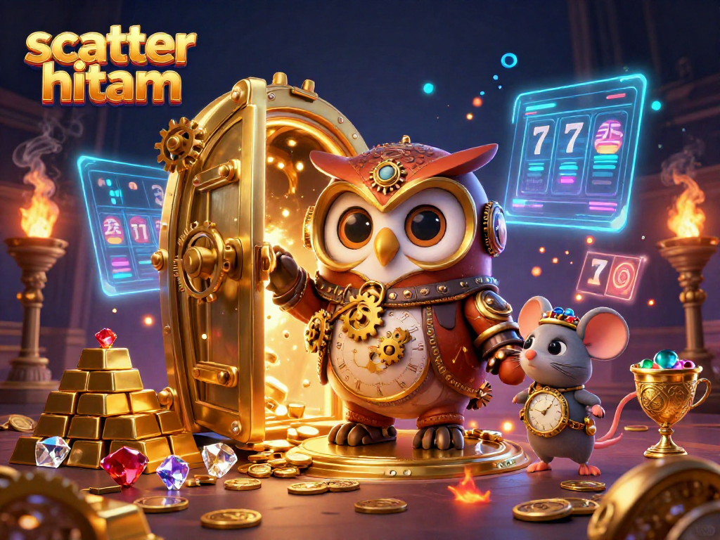 Experience scatter hitam with vibrant scenes of jackpot wins and treasure-filled excitement in this 3D casino illustration.
