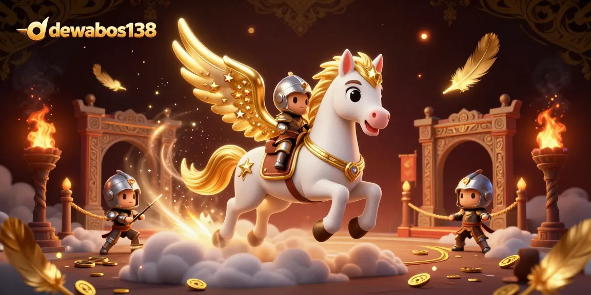 Experience the thrill of dewabos138 with a celestial knight on a golden-winged horse in an enchanting casino scene.