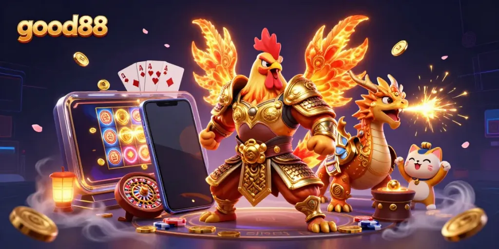 Engage with good88's thrilling gaming scene featuring a rooster warrior, dragon, and cartoon elements.