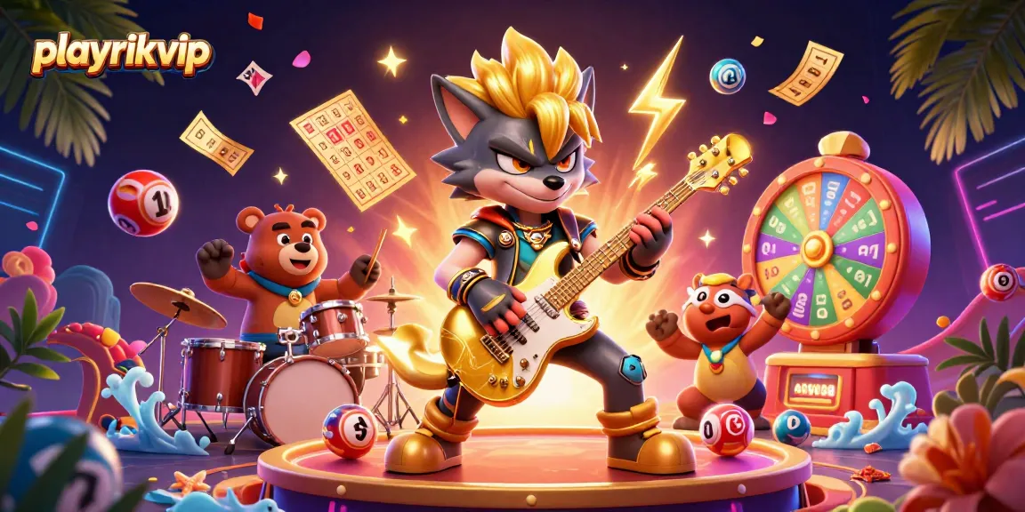 Experience playrikvip in an exhilarating casino scene with cartoon characters and vibrant lottery elements.
