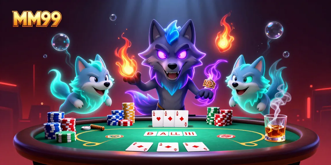 Win big with MM99 at this vibrant poker scene featuring ghostly wolves and dynamic elements.