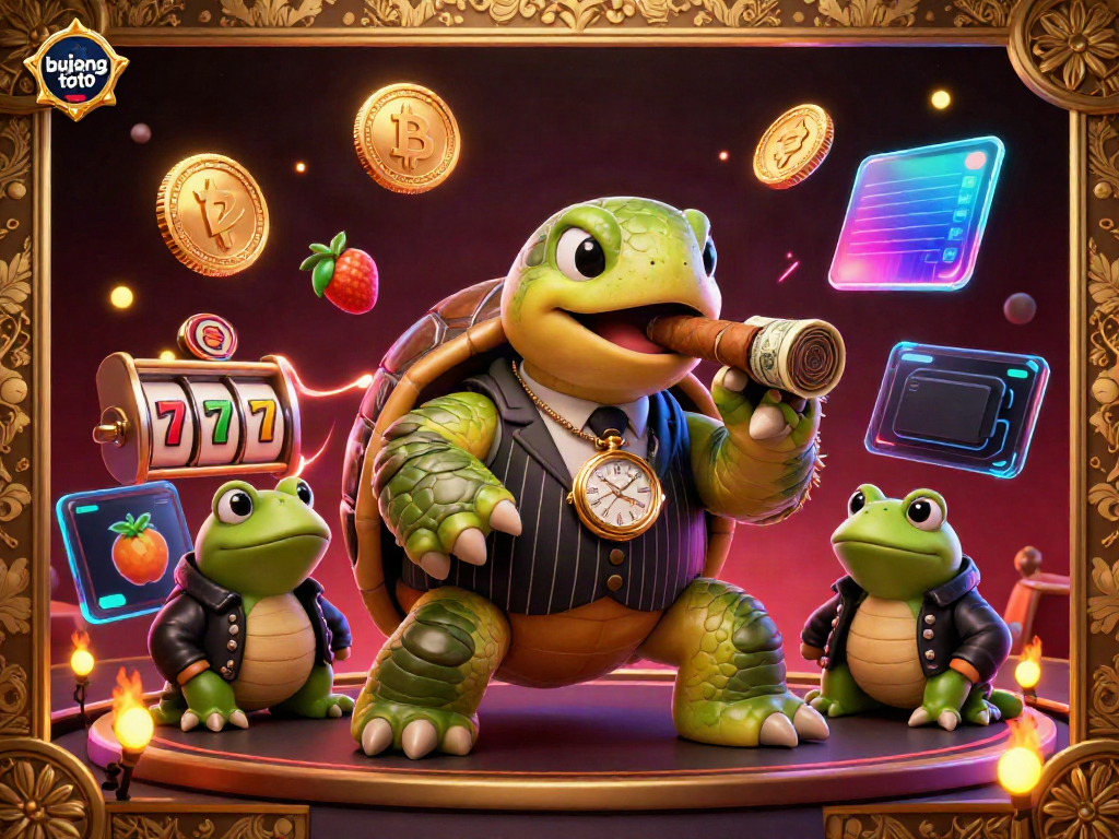 Engage in thrilling play at bujang toto with a dynamic casino illustration featuring a mobster turtle and vibrant game elements.