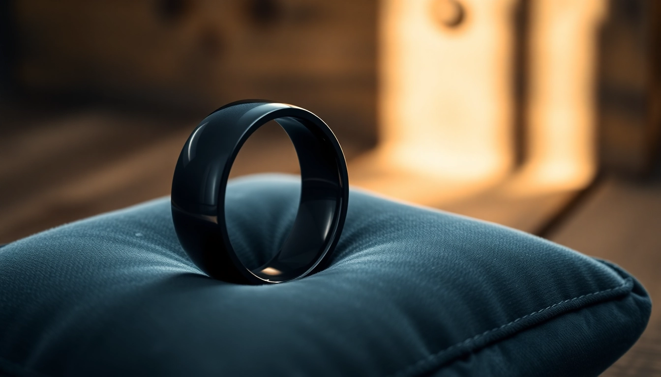 Showcasing Black Zirconium Rings with a polished surface on a velvet cushion.