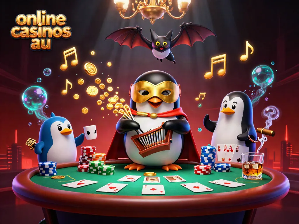 Experience excitement at online casinos au with a whimsical scene of a penguin organist and a swinging bat amidst poker elements.