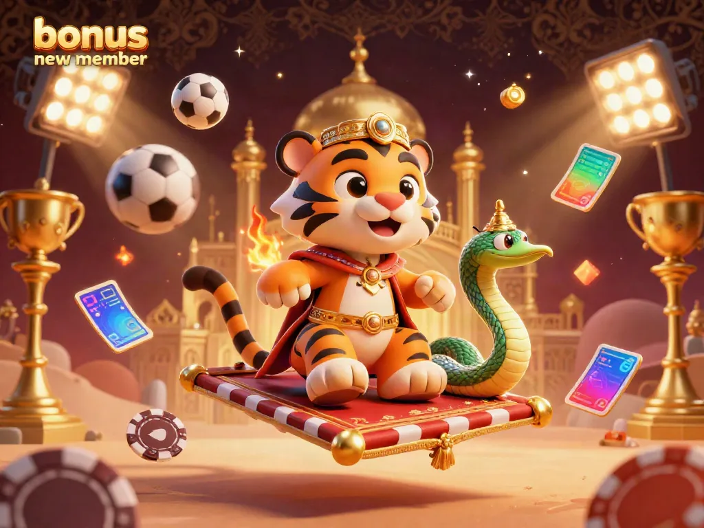 Experience the excitement of the bonus new member offer illustrated with a tiger sultan, genie, and active sports elements.