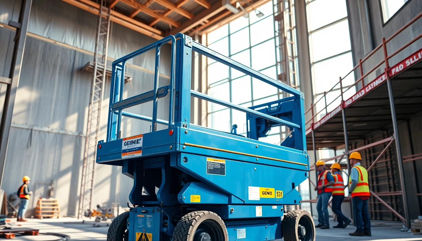 Operator demonstrating genie lift use for safe aerial work on a construction site.